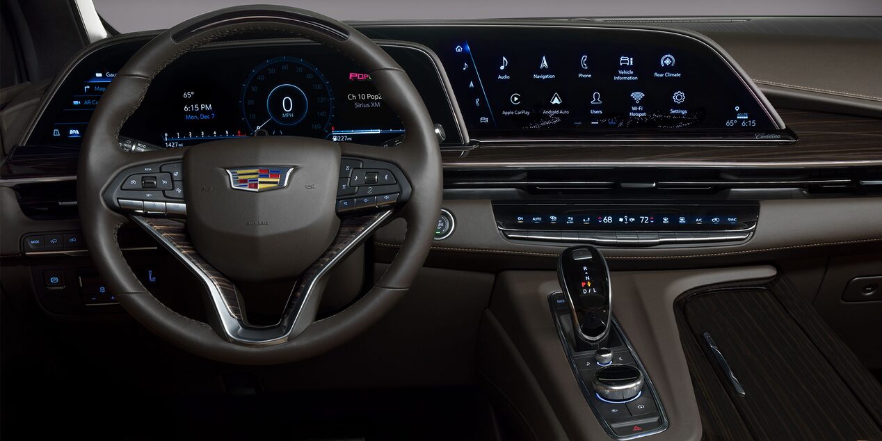 Driver's perspective of the interiors of the 2024 Cadillac Escalade.