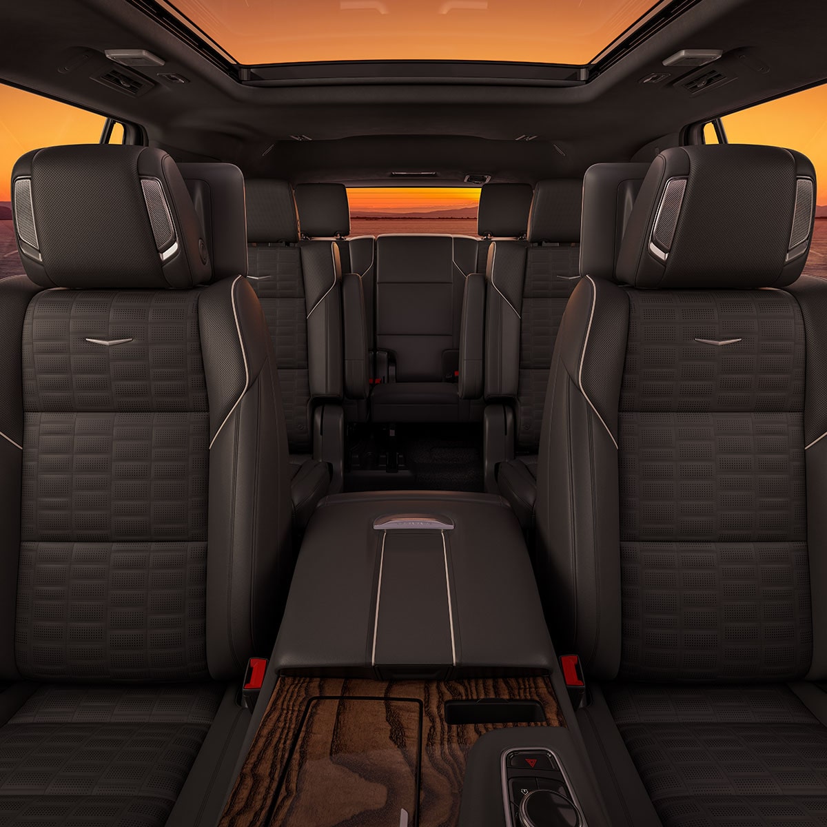 Jet black leather seating on the 2024 Cadillac Escalade.