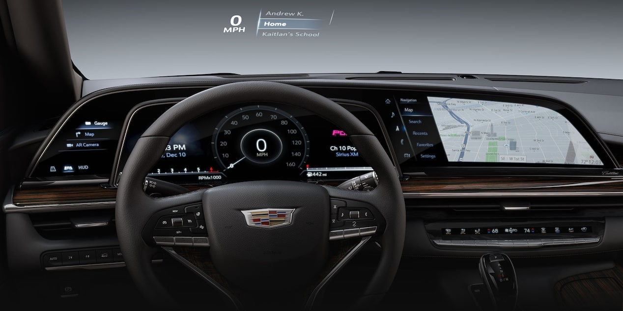 Driver's perspective of the interiors of the 2024 Escalade.