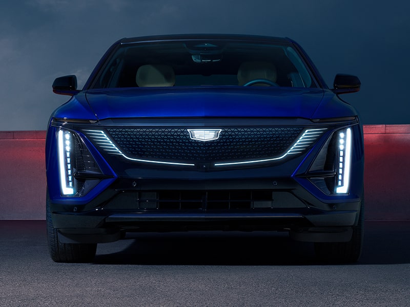Front view of the grille and black crystal lighting on the 2025 Cadillac LYRIQ.