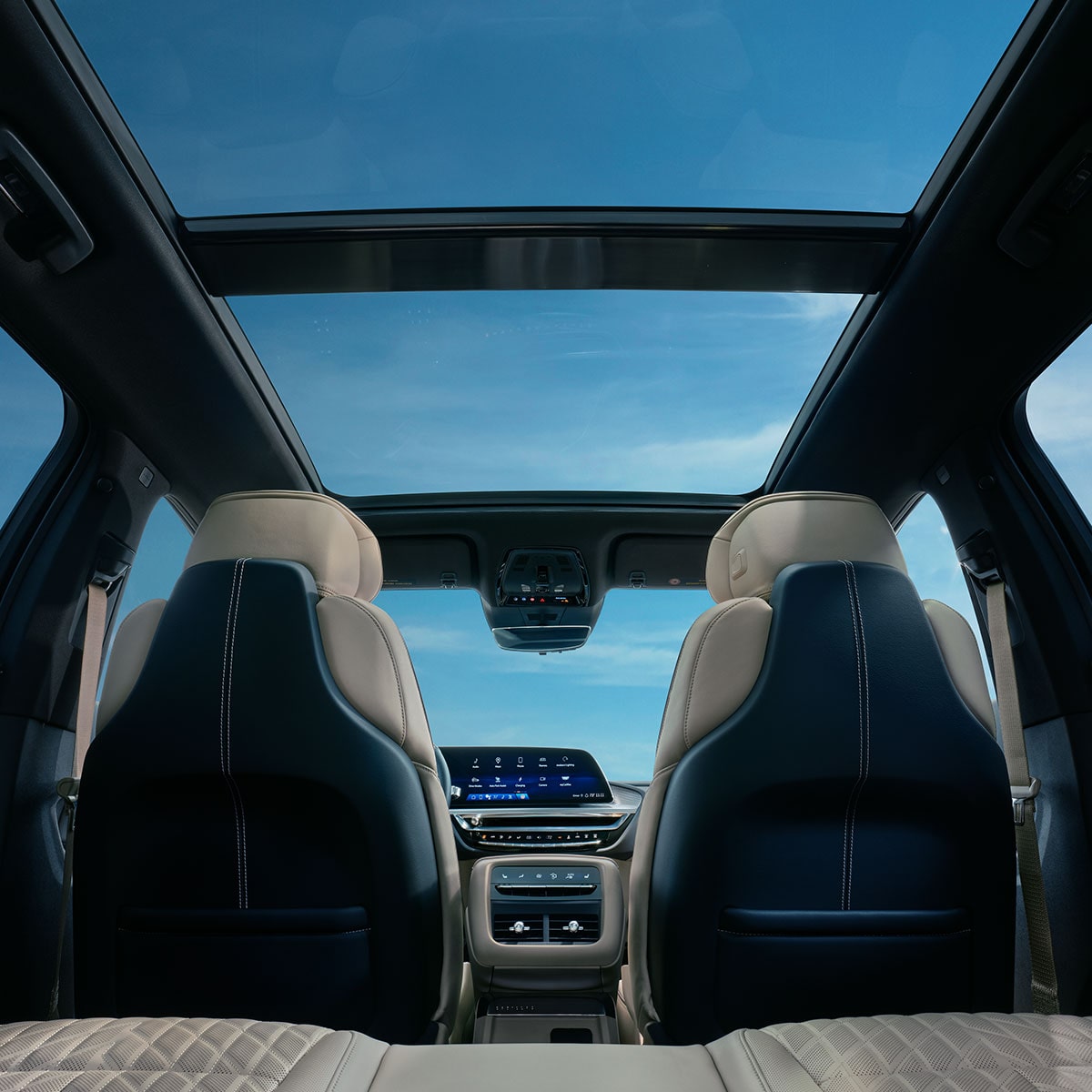 Rear passenger's view of the glass sunroof on the 2025 Cadillac LYRIQ.