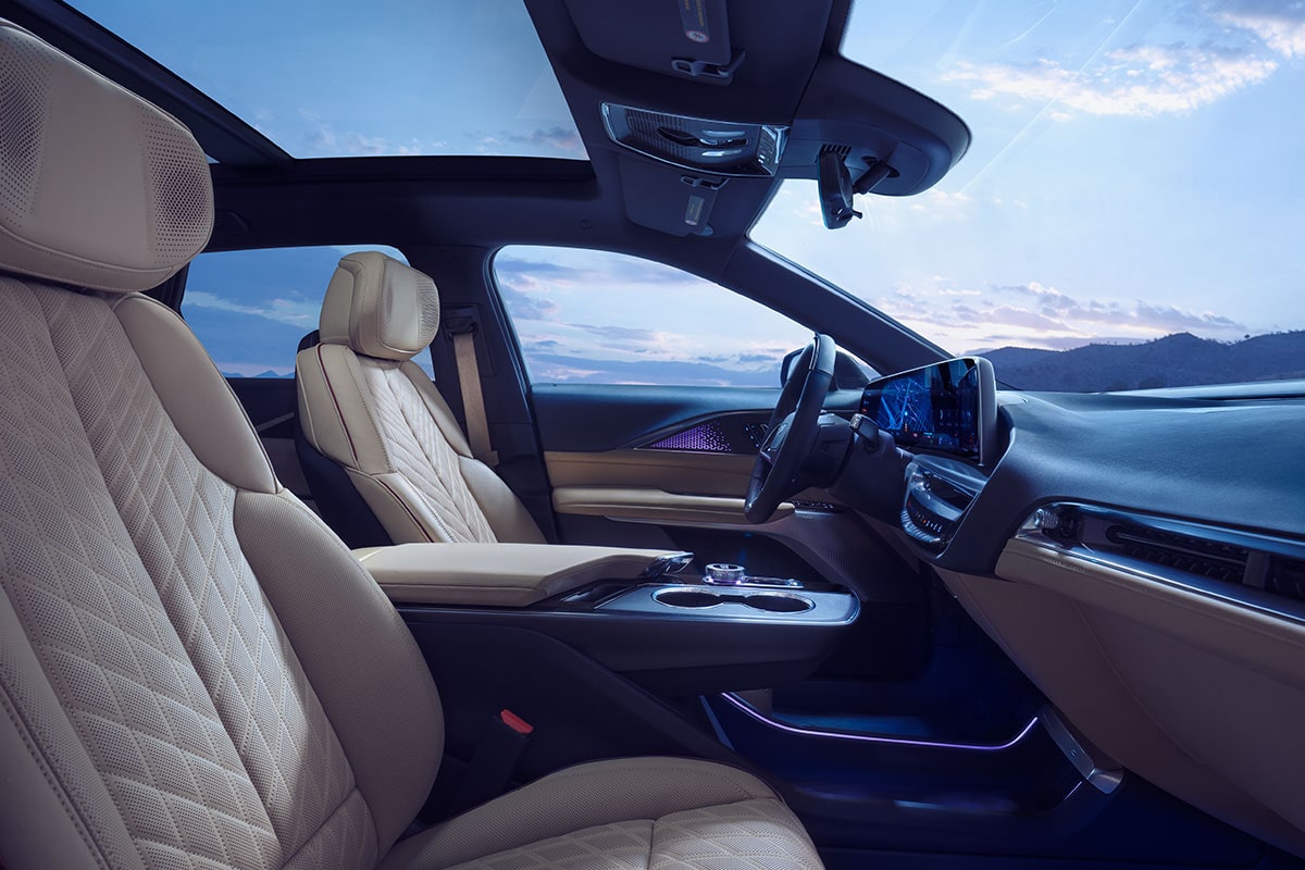 Side view of the comfortable and sophisticated interiors of the 2025 Cadillac LYRIQ.