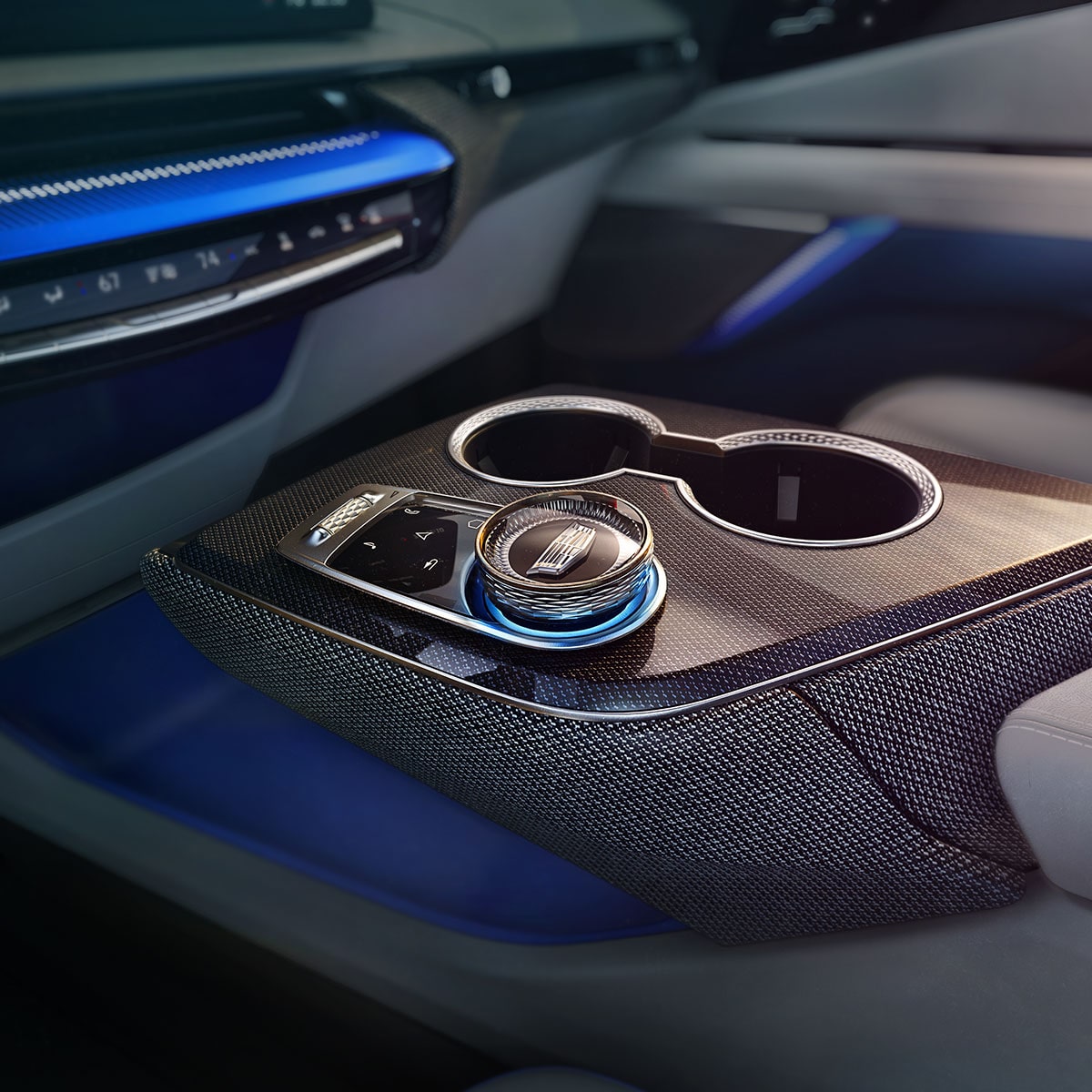 Close up view of the interior center console on the 2025 Cadillac OPTIQ electric SUV.