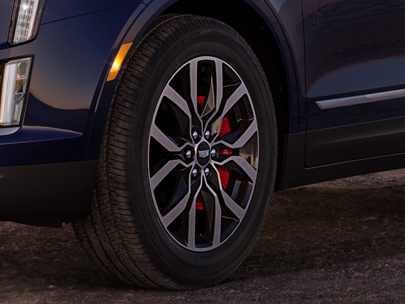 Close up view of the Brembo performance brakes on the 2025 Cadillac XT5 luxury SUV.