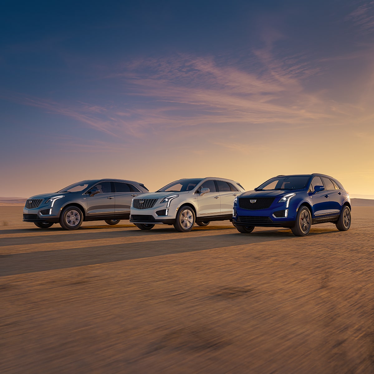 Trois VUS de luxe Cadillac XT5 2025 stationnés à côté les uns des autres au lever du soleil.