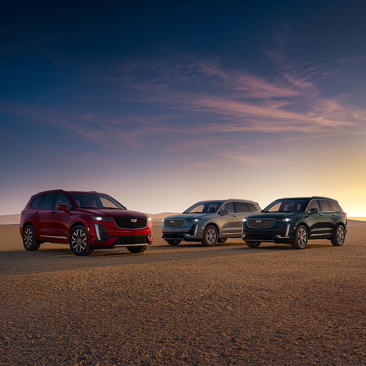 Trois VUS intermédiaires 7 passagers Cadillac XT6 2025 stationnés à l’extérieur au coucher du soleil.