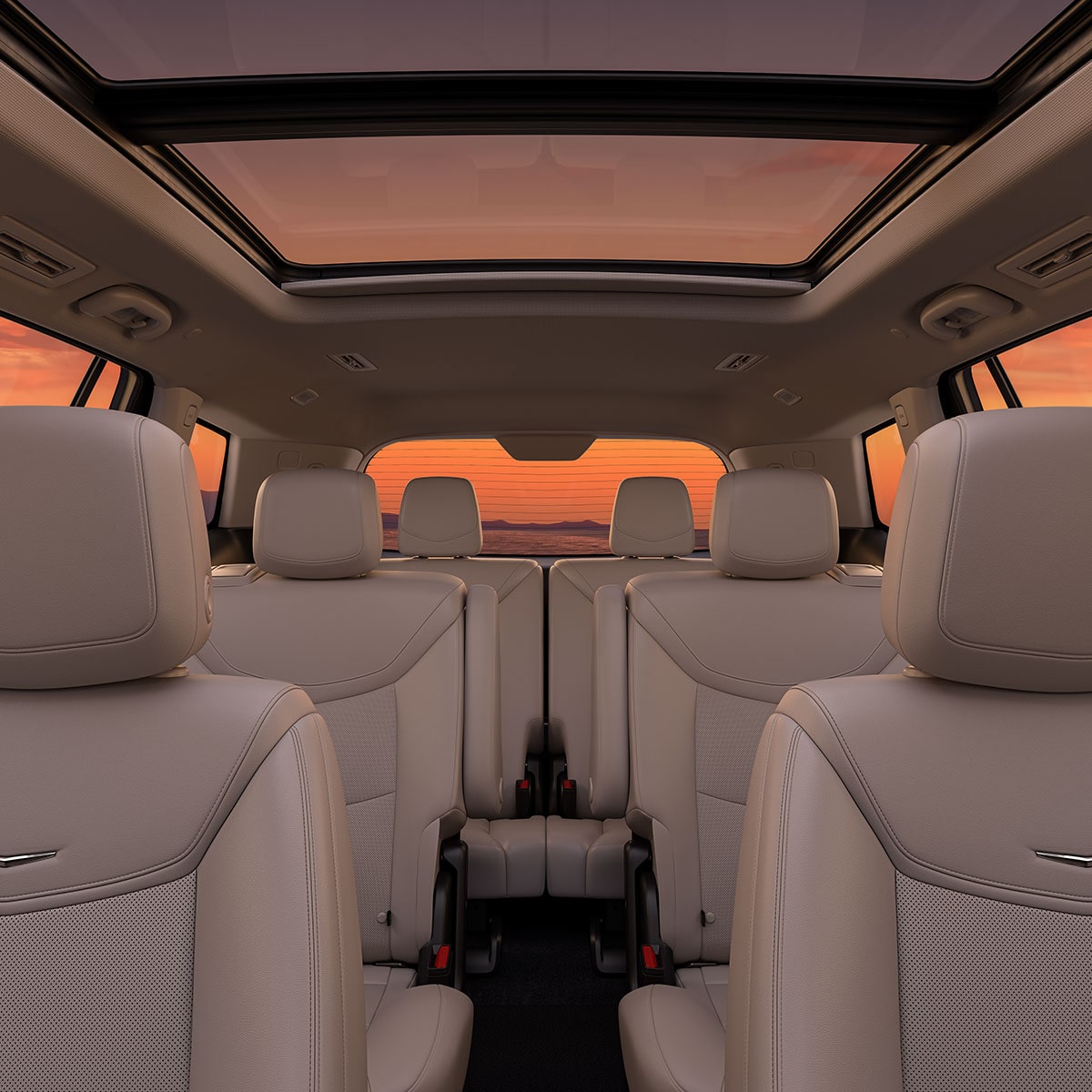 Vue avant de l’habitacle spacieux du VUS intermédiaire 7 passagers Cadillac XT6 2025.