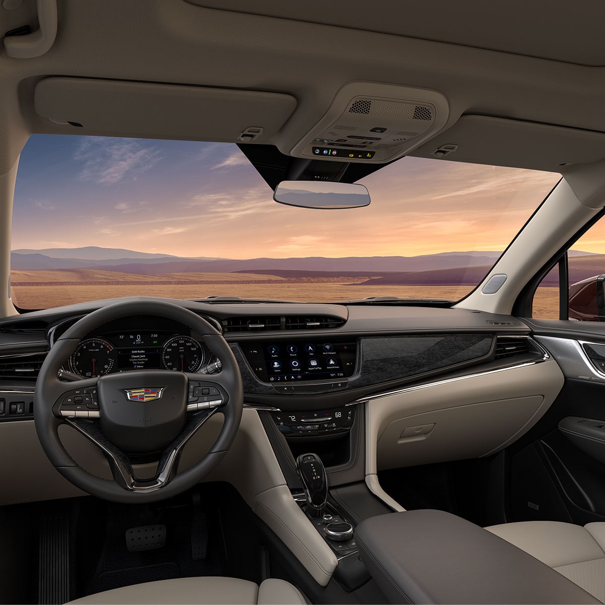 L’habitacle spacieux du VUS intermédiaire 7 passagers Cadillac XT6 2025 vu par le conducteur.
