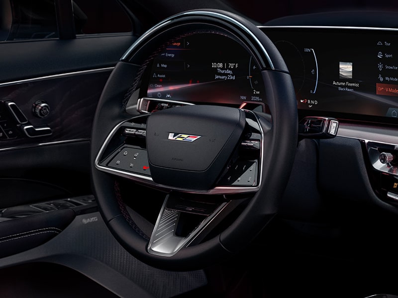 Front-side view of the steering wheel of the 2026 Cadillac LYRIQ-V.