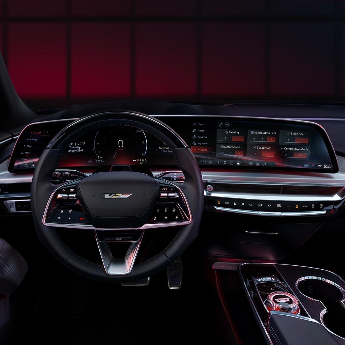 Front view of the 33" LED Display and the steering wheel inside the 2026 Cadillac LYRIQ-V.