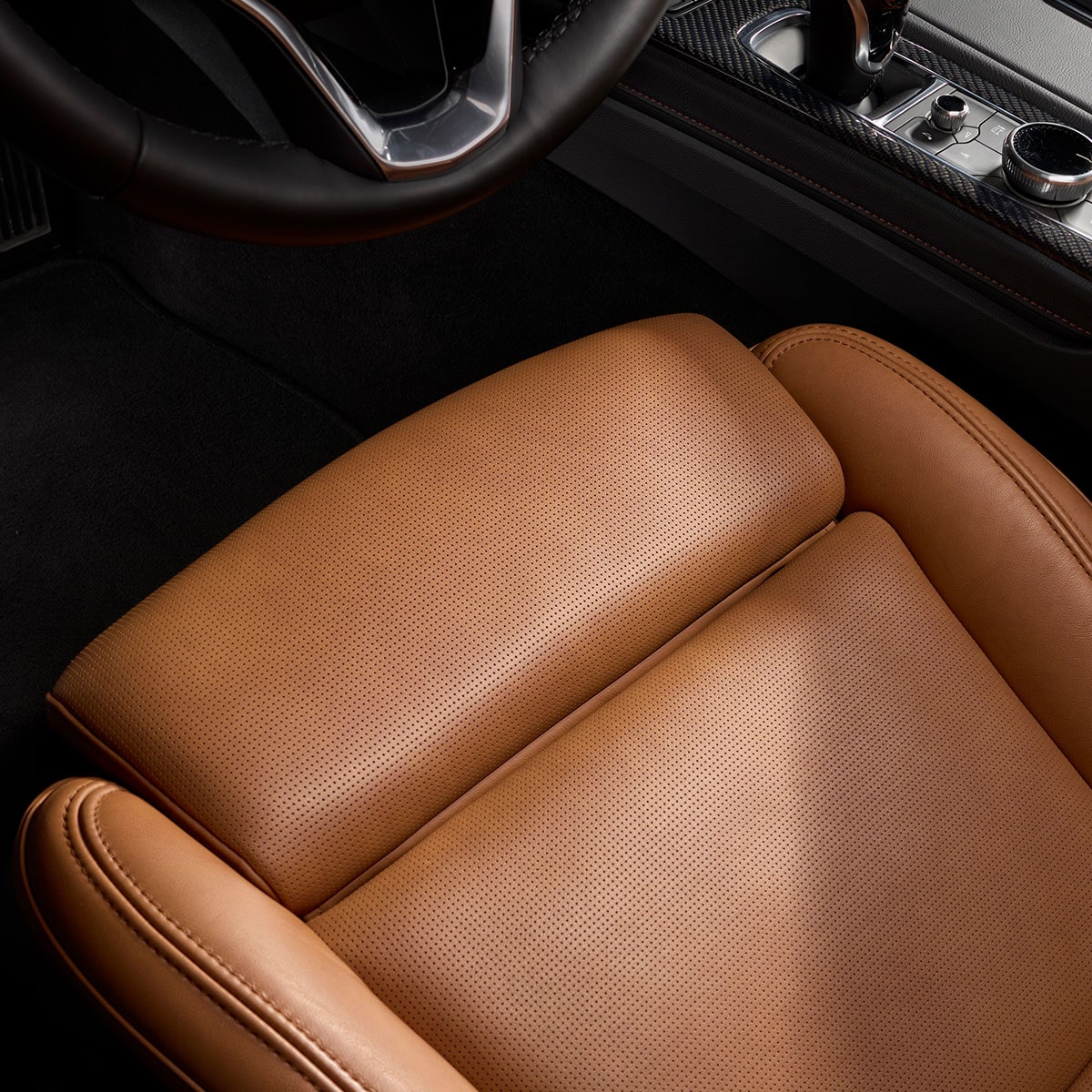 Top view of a ventilated leather front seat inside the 2025 Cadillac CT5. 