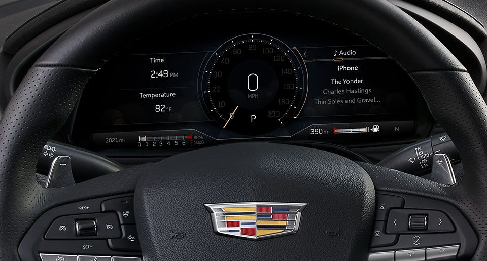2022 Cadillac CT4 dashboard and steering wheel.