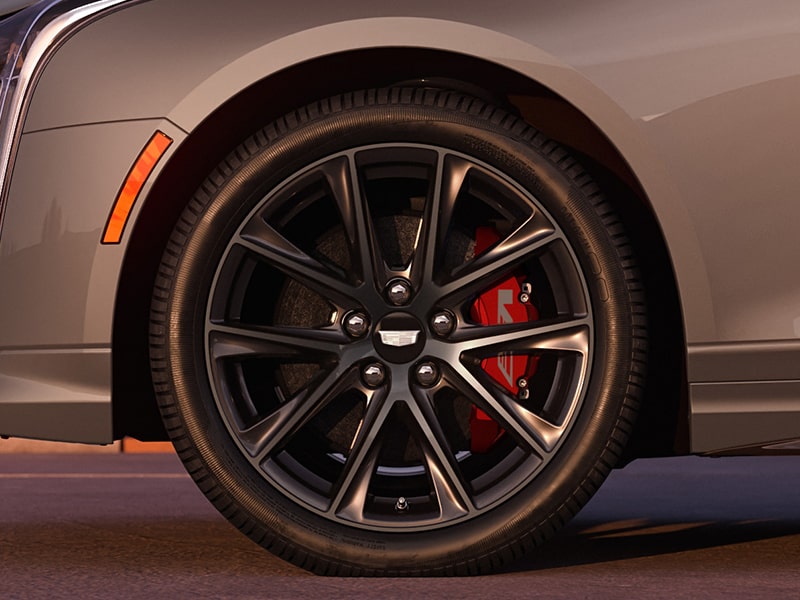 Side view of the wheels on the 2025 Cadillac CT4-V luxury sports sedan.