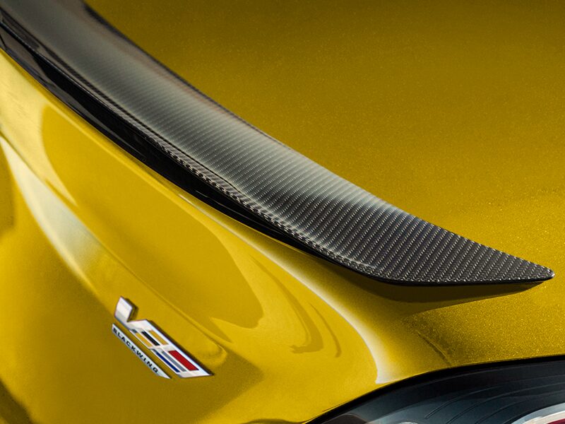 Close up view of the Carbon Fibre spoilers on the 2025 Cadillac CT4-V luxury sports sedan.
