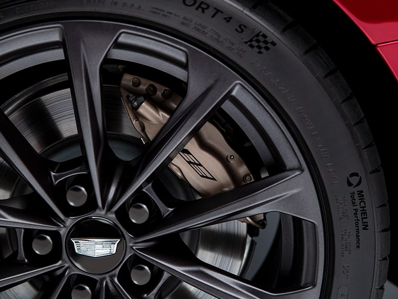 Close up of the Brembo performance brakes on the 2025 Cadillac CT4-V luxury sports sedan.