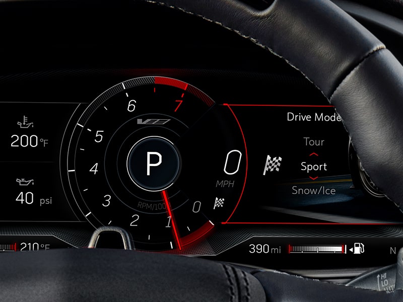 Close up view of the customizable dashboard on the 2025 Cadillac CT4-V luxury sports sedan.