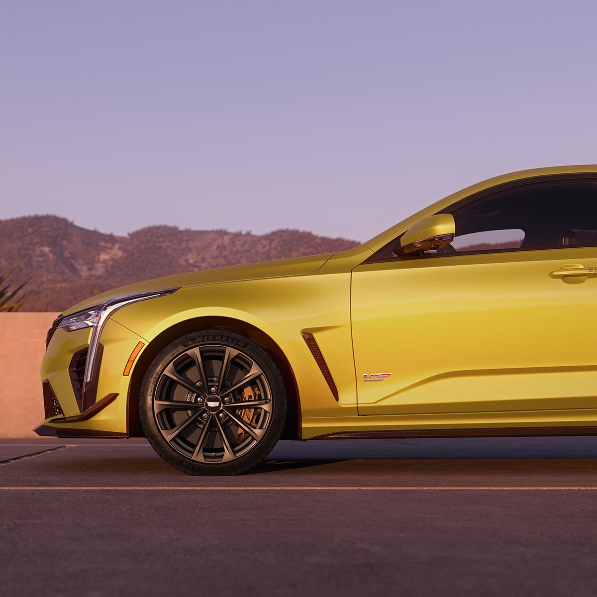 Side view of the wheels on the 2025 Cadillac CT4-V luxury sports sedan.