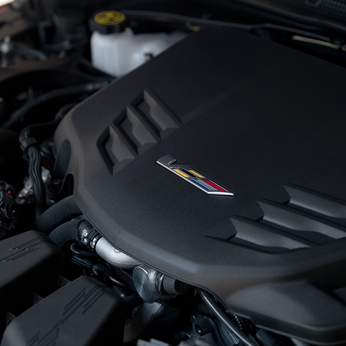 Close up view of the engine used in the 2025 Cadillac CT4-V luxury sports sedan.