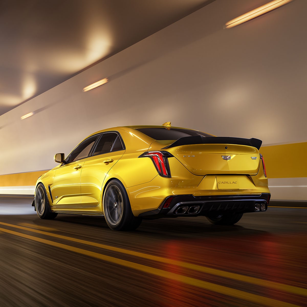 2025 Cadillac CT4-V luxury sports sedan Blackwing driving inside a tunnel.