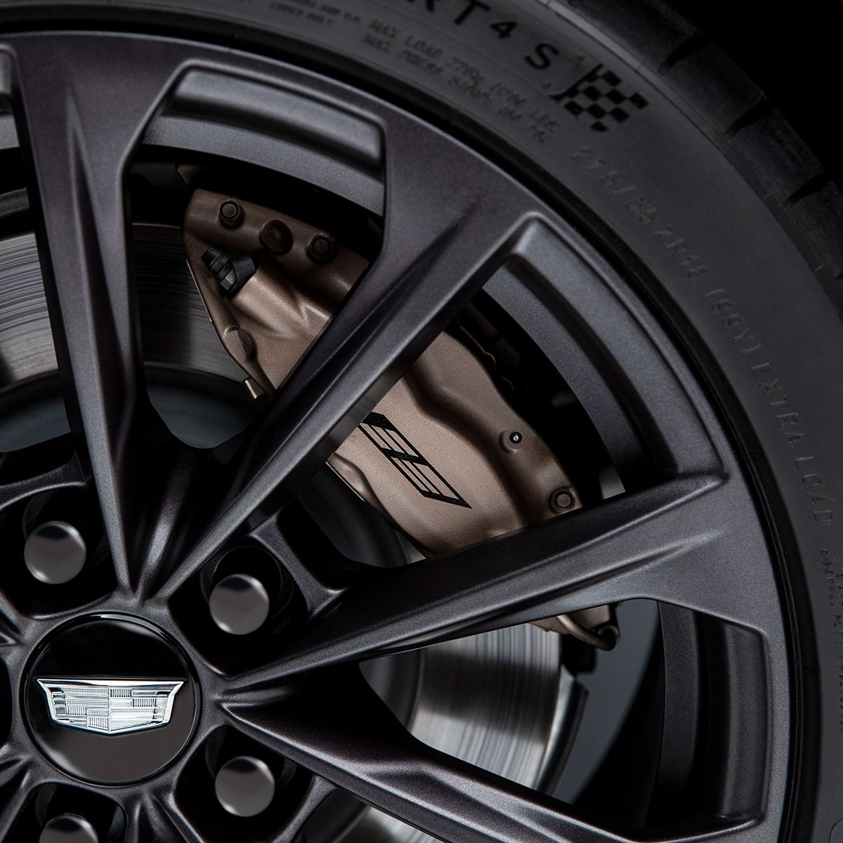 Close up view of the wheels on the 2025 Cadillac CT4-V luxury sports sedan.