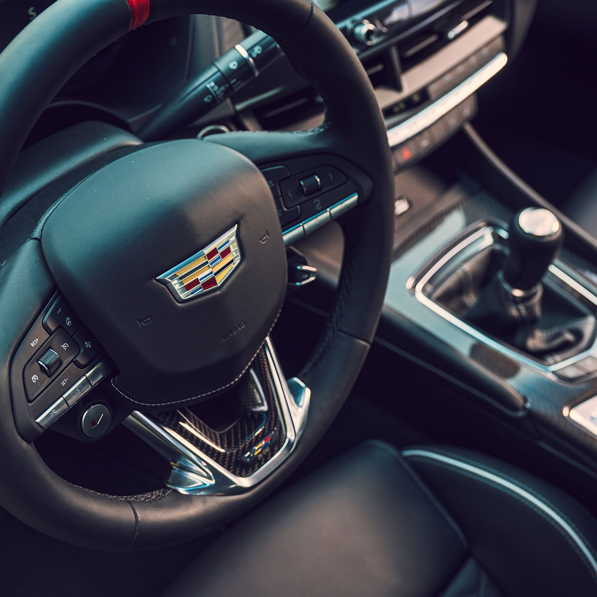 Top view of the 2025 Cadillac CT4-V luxury sports sedan steering wheel.