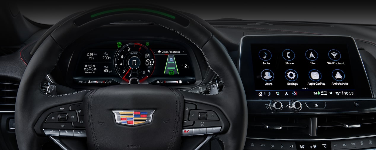 Driver's view of the Super Cruise hands-free technology on the 2025 Cadillac CT4-V luxury sports sedan.