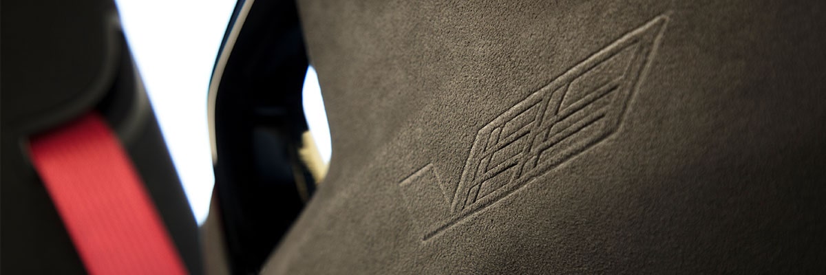 Sueded microfiber interiors on the 2025 Cadillac CT4-V luxury sports sedan.