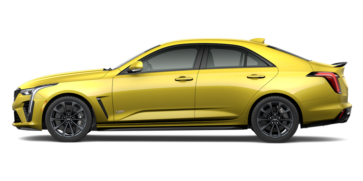 Side view of the 2025 Cadillac CT4-V Blackwing luxury sports sedan.