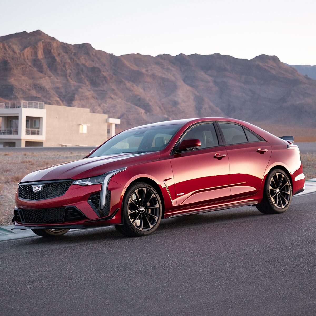 Left front view of the 2023 CT4-V compact sport sedan.