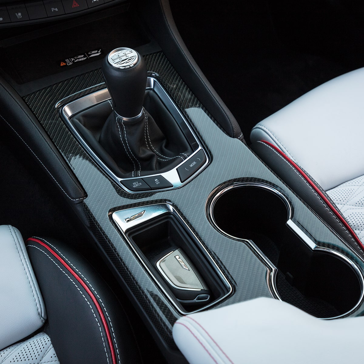 Centre console of the 2023 Cadillac CT4-V compact sport sedan.