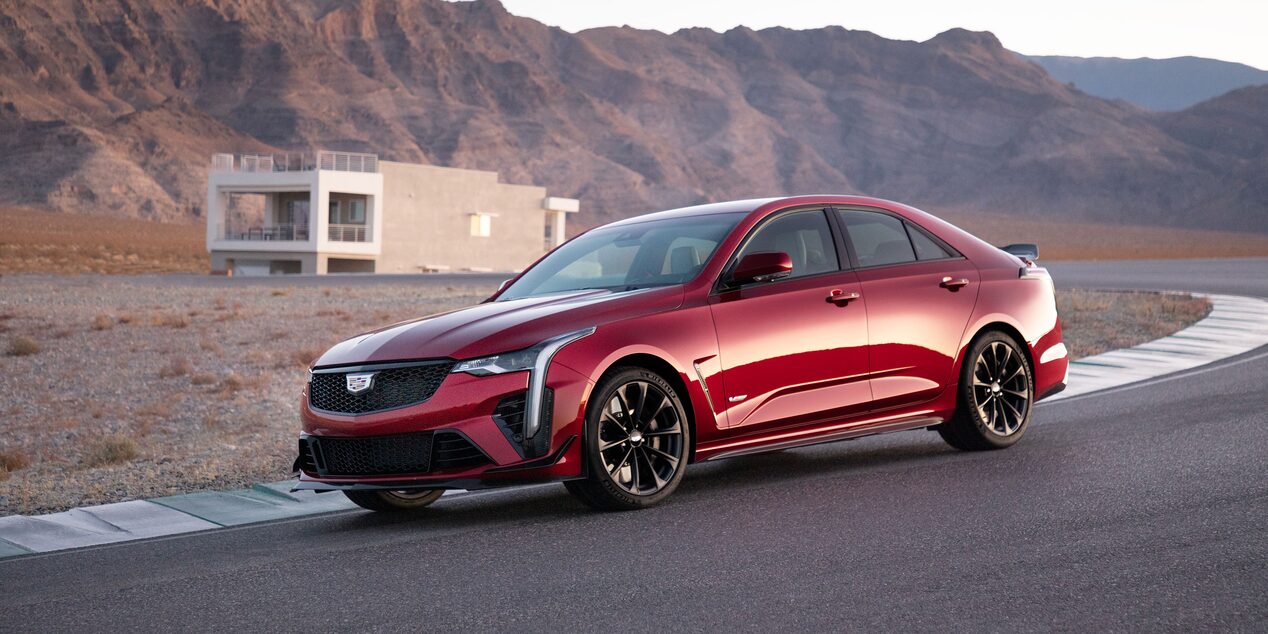 Left front view of the 2023 CT4-V compact sport sedan.