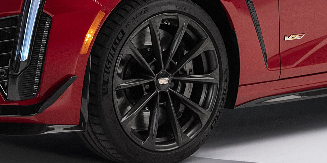 Front wheel of the 2023 CT4-V compact sport sedan.