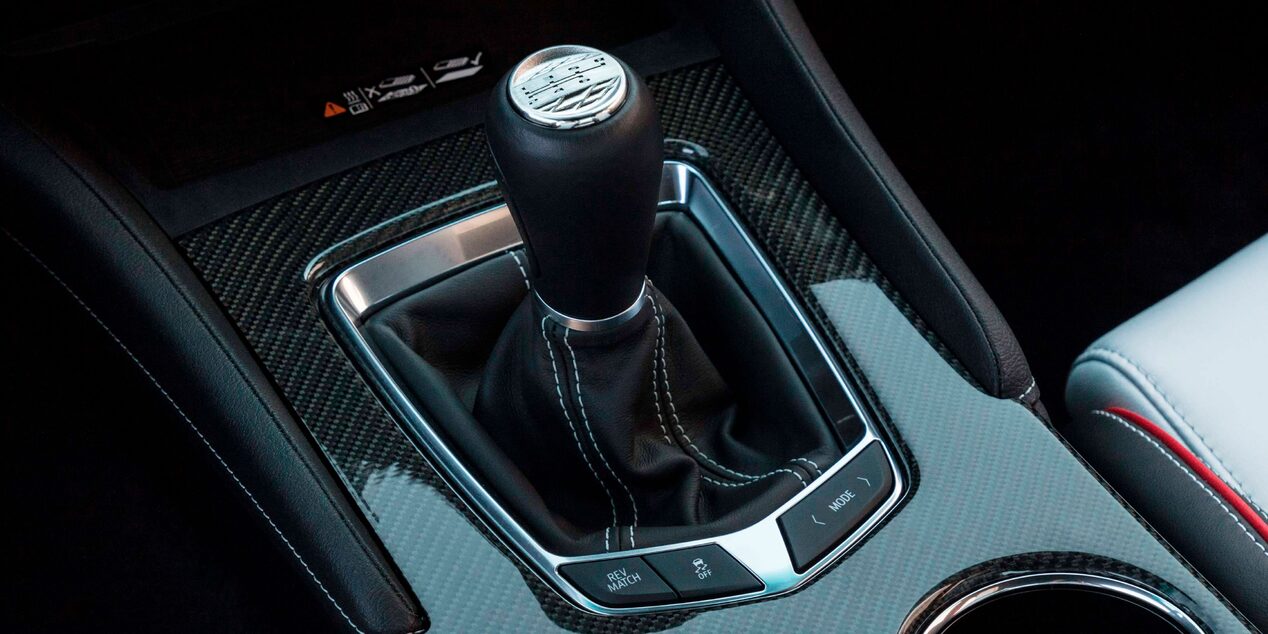 Stick shift of the 2023 CT4-V compact sport sedan.