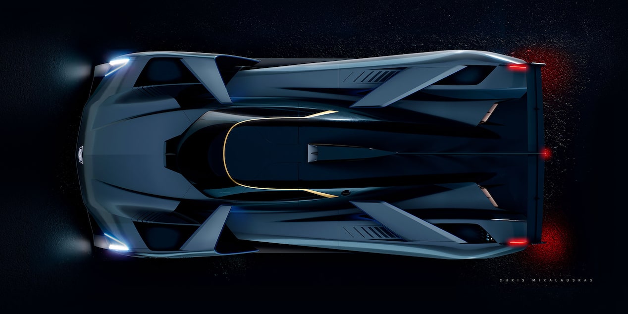 Top view of the Cadillac GTP Hypercar parked in a dim area.