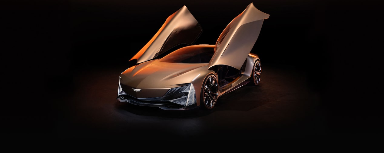 Front-side view of a Cadillac Opulent Velocity with its doors opened.