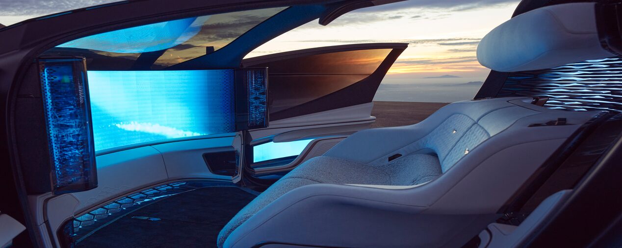 Side view of the futuristic interiors of a Cadillac InnerSpace Concept Vehicle.
