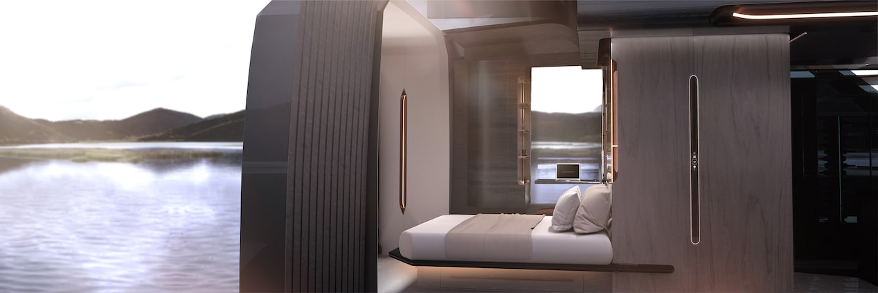 Side view of the interiors of the Cadillac OpenSpace Recreational EV as viewed from outside.