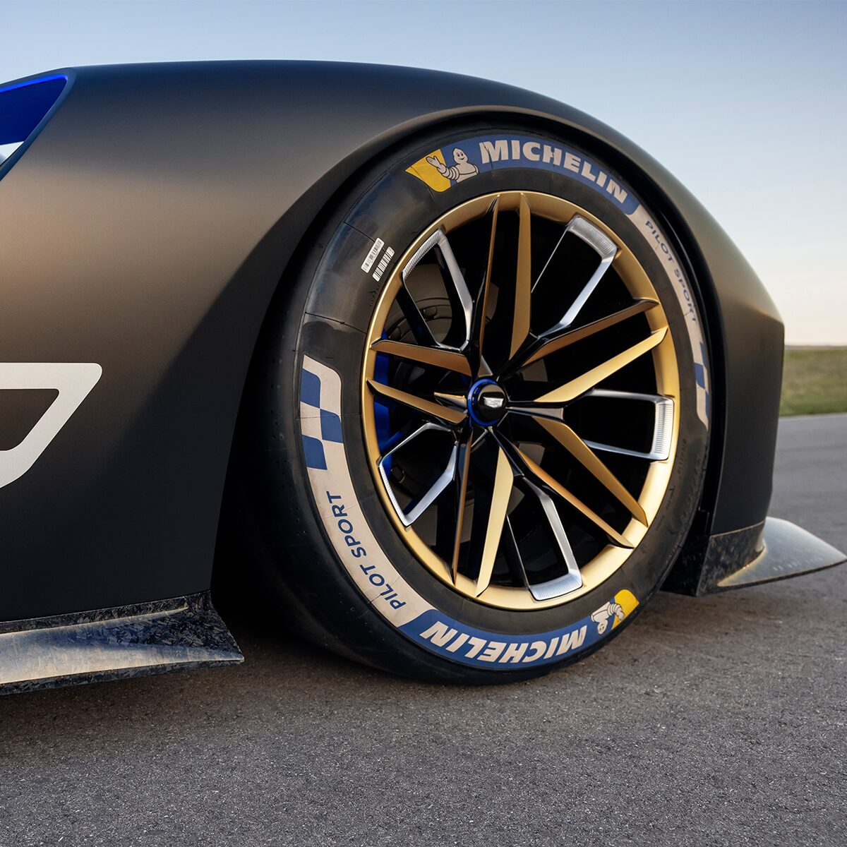 Close up view of the wheels of the Cadillac GTP Hypercar.