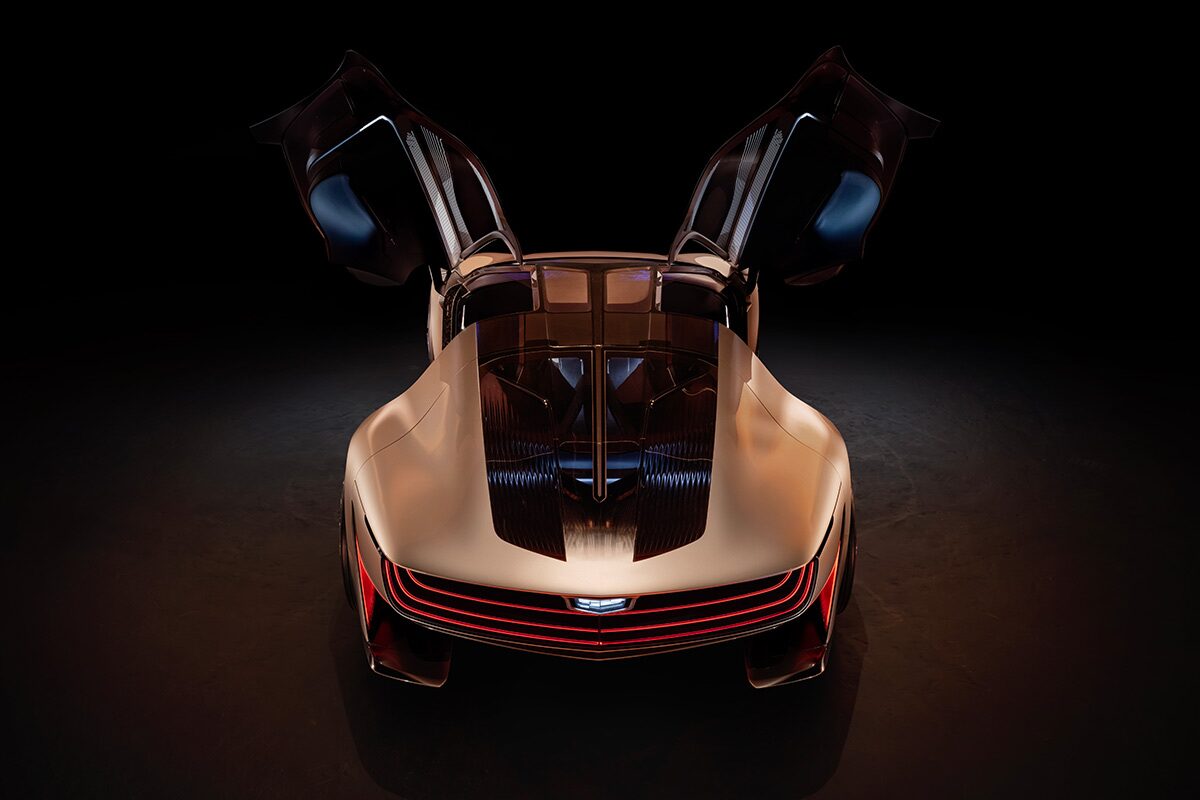 Front view of a Cadillac Opulent Velocity with its doors opened.