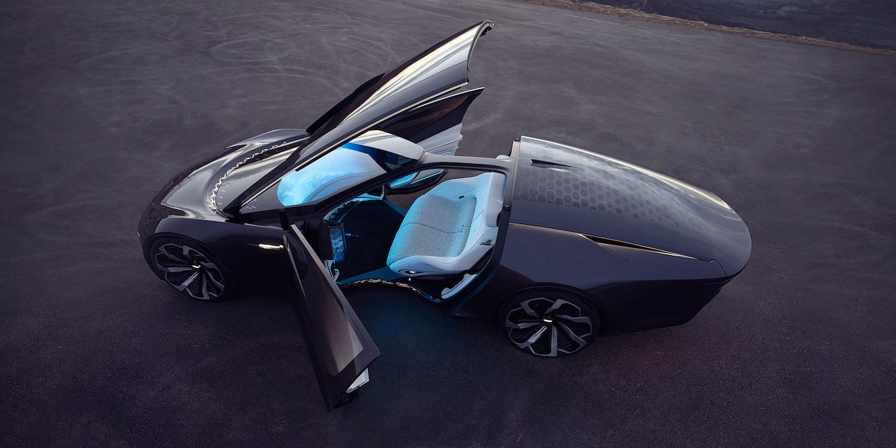 Top-side view of a Cadillac InnerSpace Concept Vehicle with all doors opened.