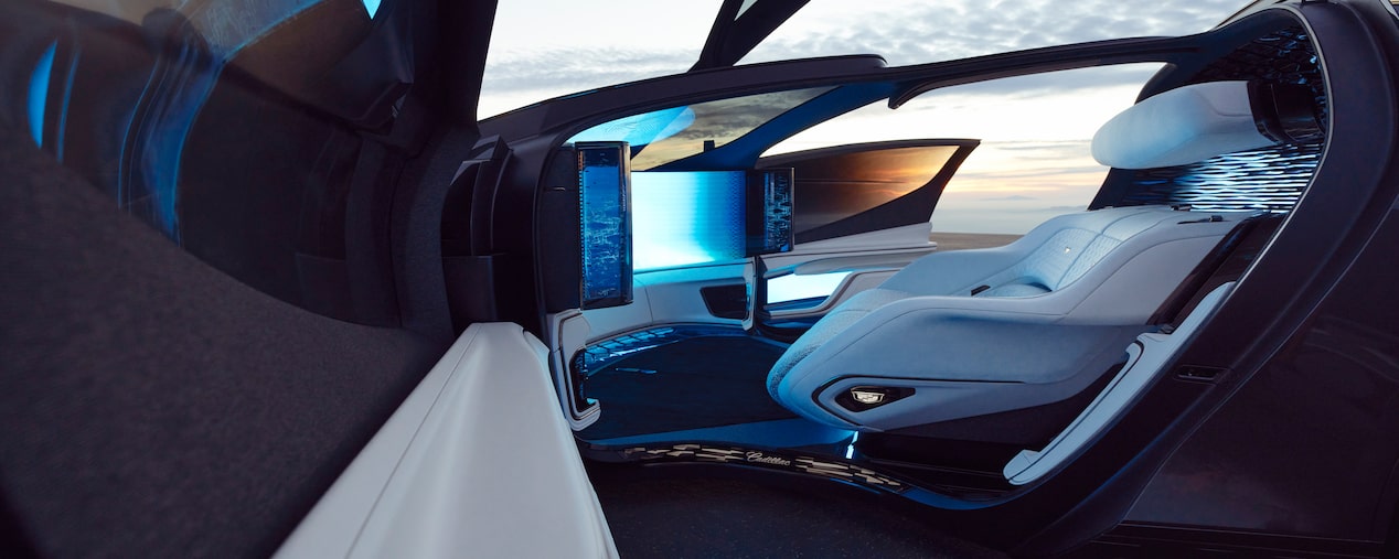 Side view of the futuristic interiors of a Cadillac InnerSpace Concept Vehicle.