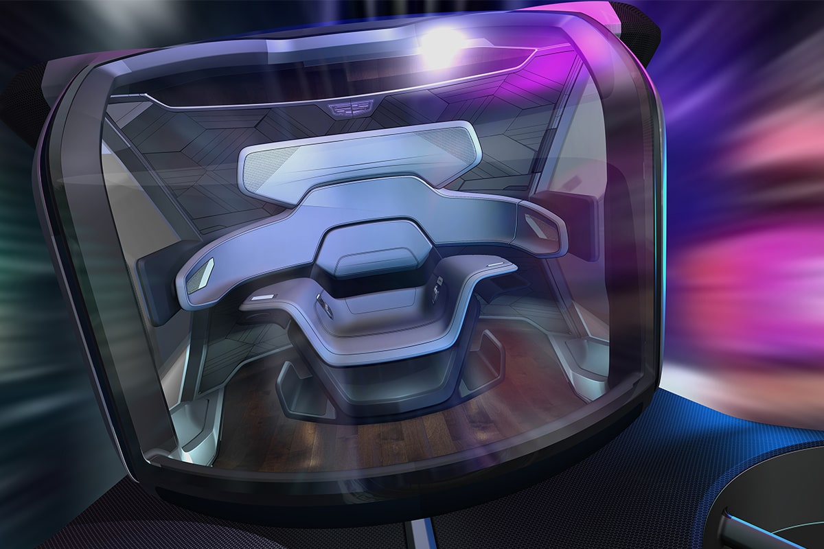 Front view of the Cadillac PersonalSpace Autonomous EV while in motion.