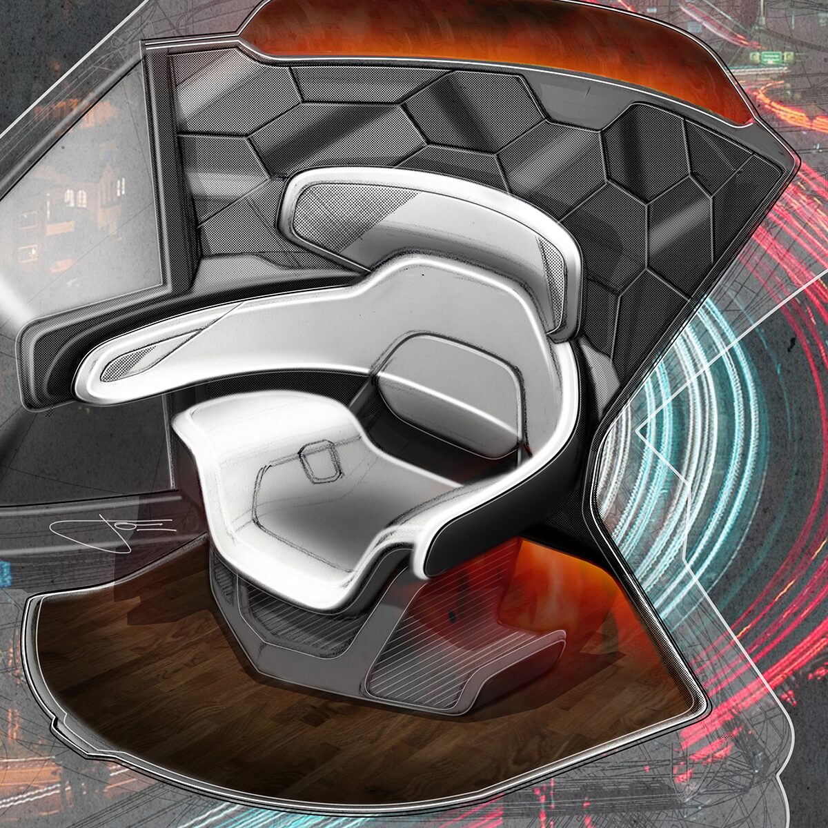 Colored sketch of a Cadillac PersonalSpace Autonomous EV.