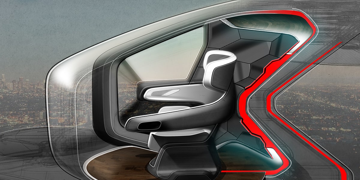 Side view of a colored sketch of the Cadillac PersonalSpace Autonomous EV.
