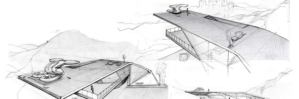A sketch of multiple Cadillac PersonalSpace Autonomous EV parking in a landing pad.
