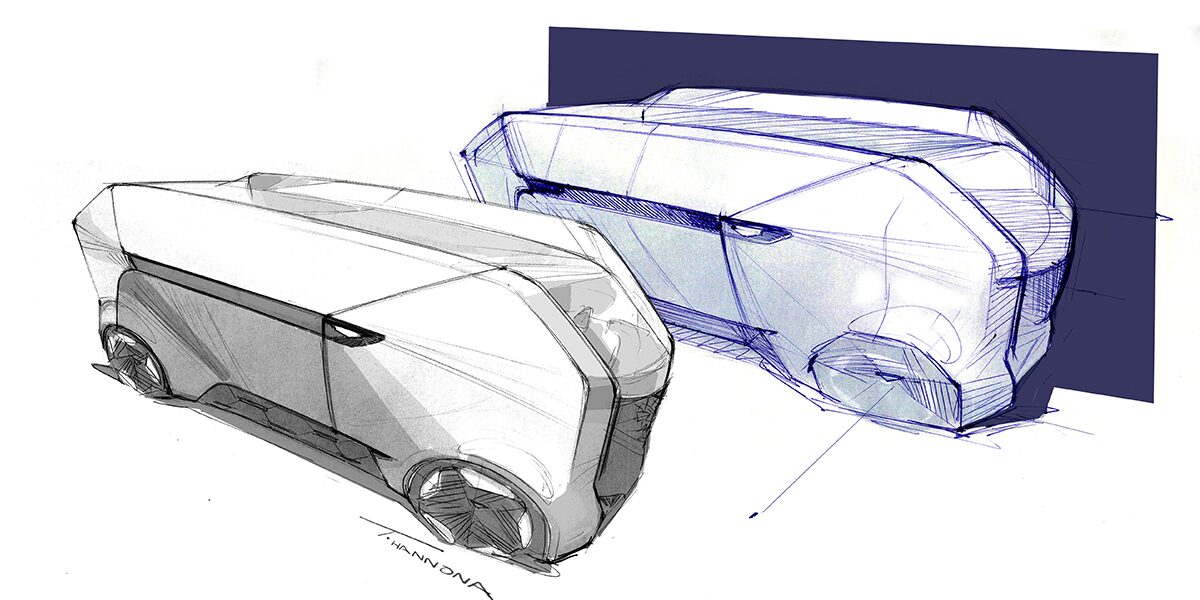 A sketch of the Cadillac SocialSpace Concept Vehicle.