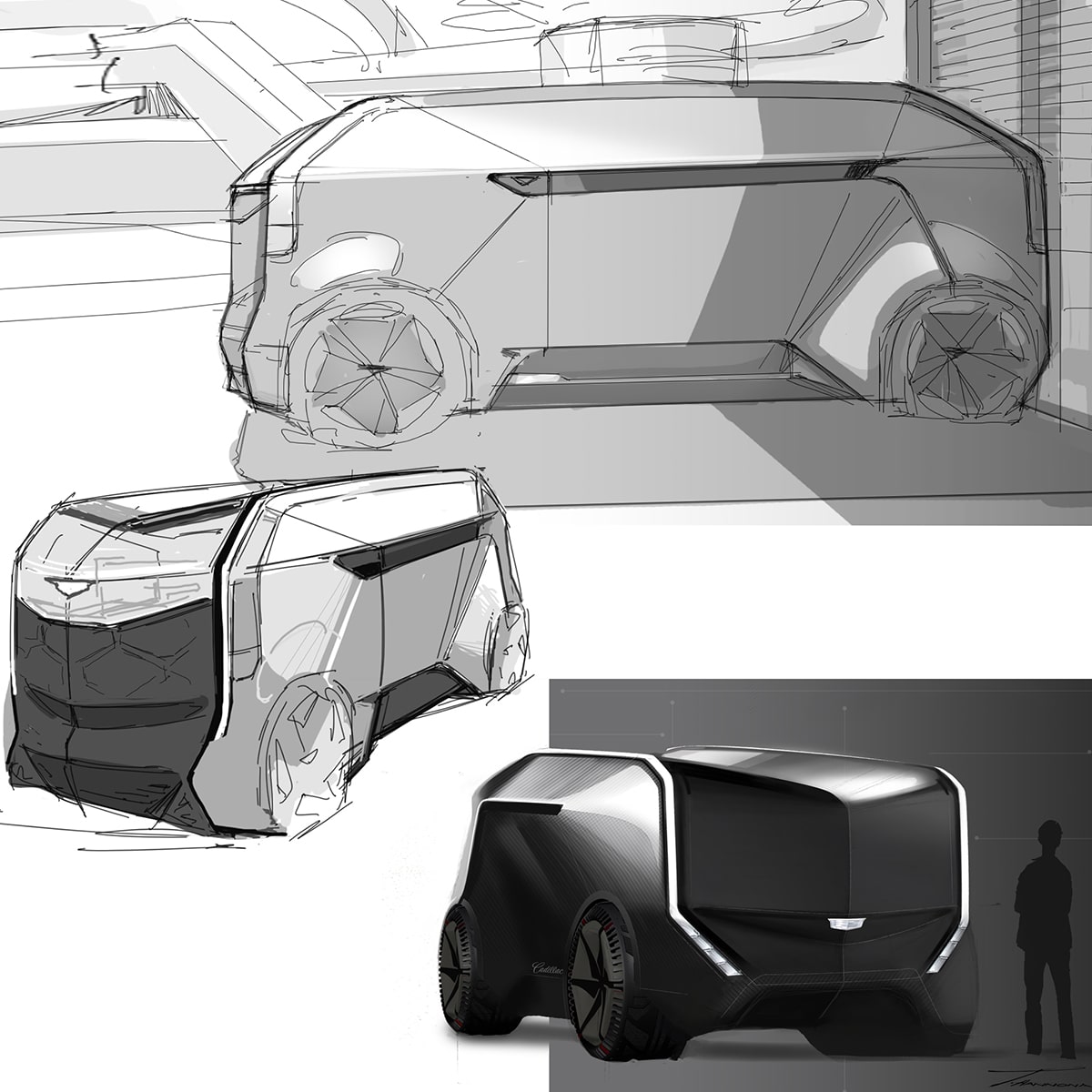 A sketch of the Cadillac SocialSpace Concept Vehicle in different angles.