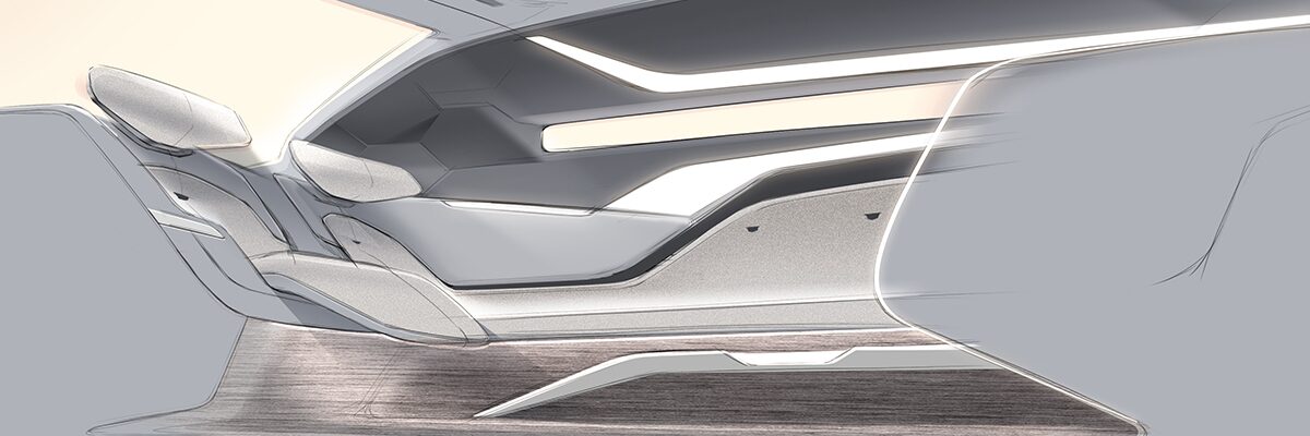 Side view of the comfortable interiors of the Cadillac SocialSpace Concept Vehicle.