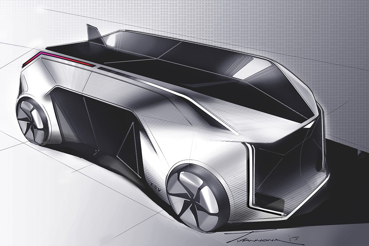 Back-side view of a blueprint of a Cadillac SocialSpace Concept Vehicle.