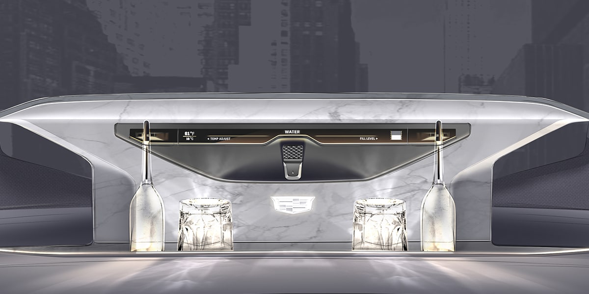 Close up of glass dispensers inside the Cadillac SocialSpace Concept Vehicle.